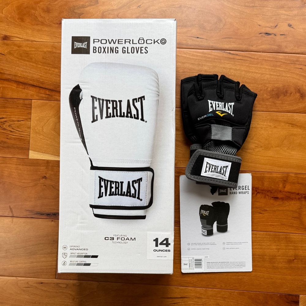 Everlast Black and White Boxing Gloves with Wraps